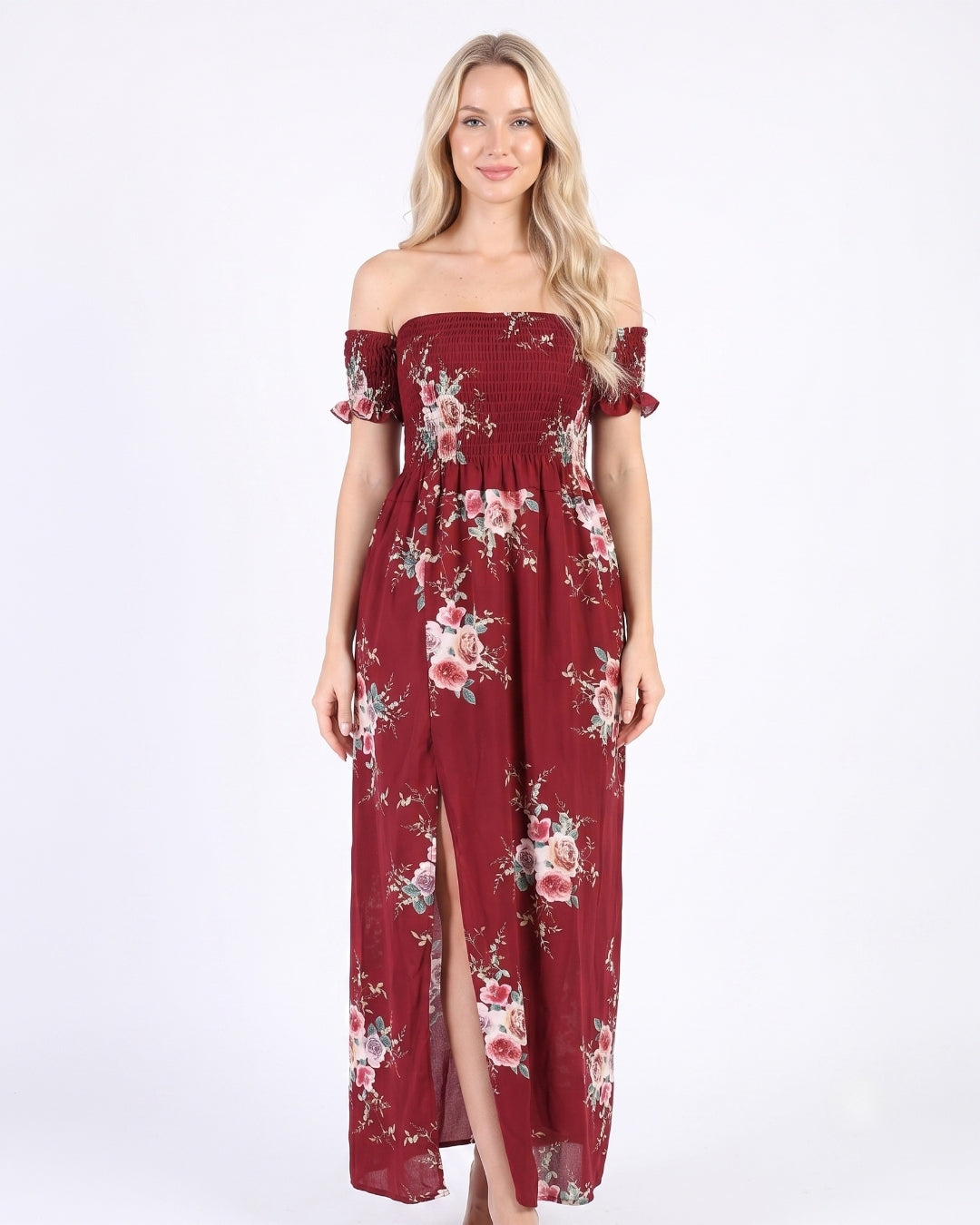 Off-Shoulder Maxi Dress, Deep Red Floral, 050