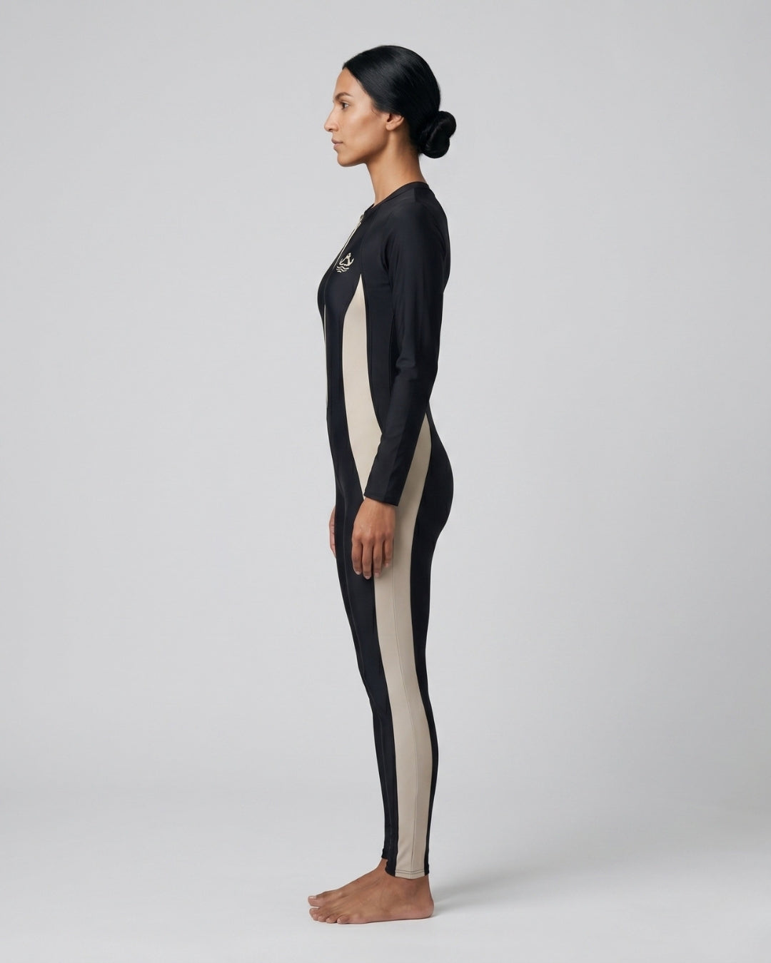 Zip-Front Swimsuit, Black & Beige-S22-P1-1