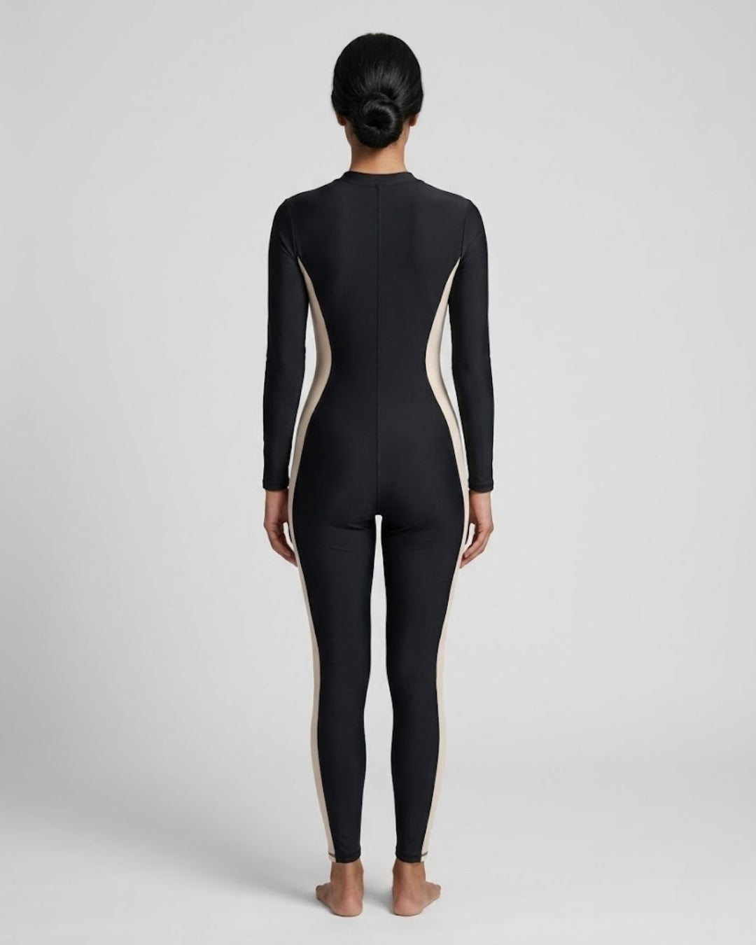 Zip-Front Swimsuit, Black & Beige-S22-P1-1