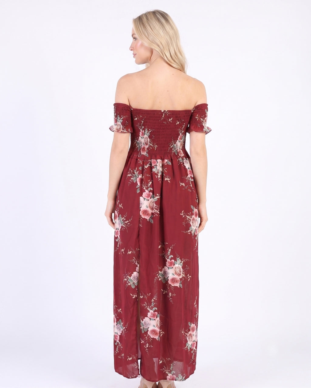 Off-Shoulder Maxi Dress, Deep Red Floral, 050