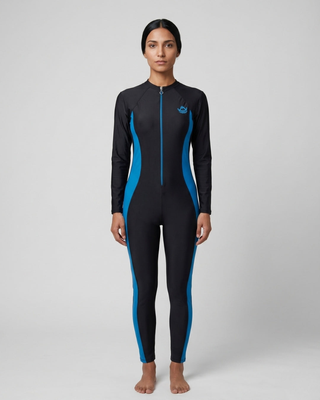 Zip-Front Swimsuit, Black & Blue-S22-P1-1
