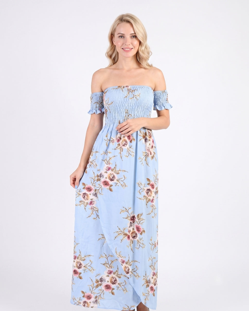 Off-Shoulder Maxi Dress, Soft Blue Floral, 050