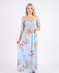 Off-Shoulder Maxi Dress, Soft Blue Floral, 050