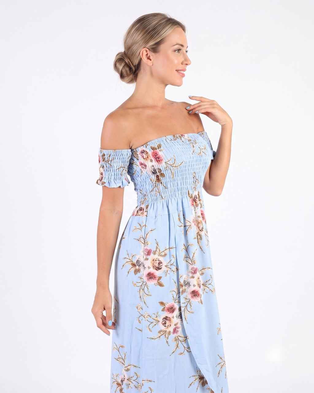Off-Shoulder Maxi Dress, Soft Blue Floral, 050