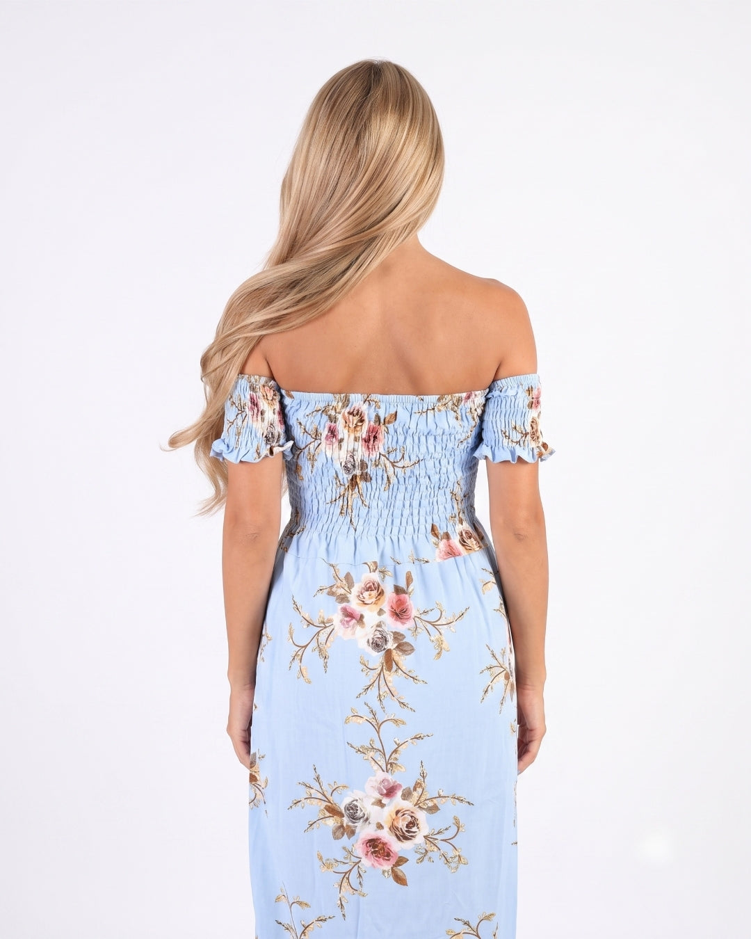 Off-Shoulder Maxi Dress, Soft Blue Floral, 050