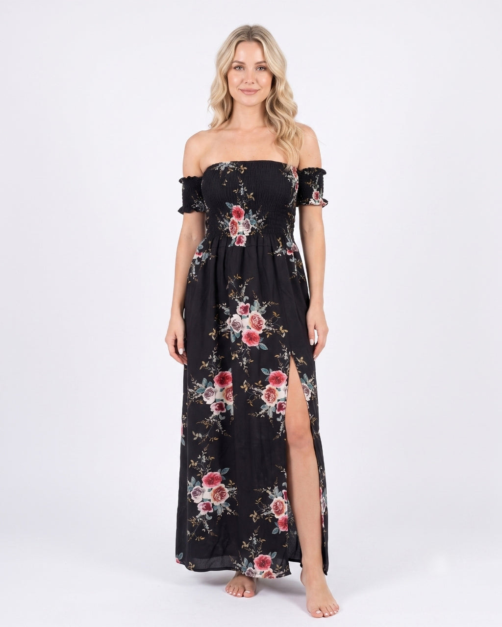 Off-Shoulder Maxi Dress, Deep Black Floral, 050