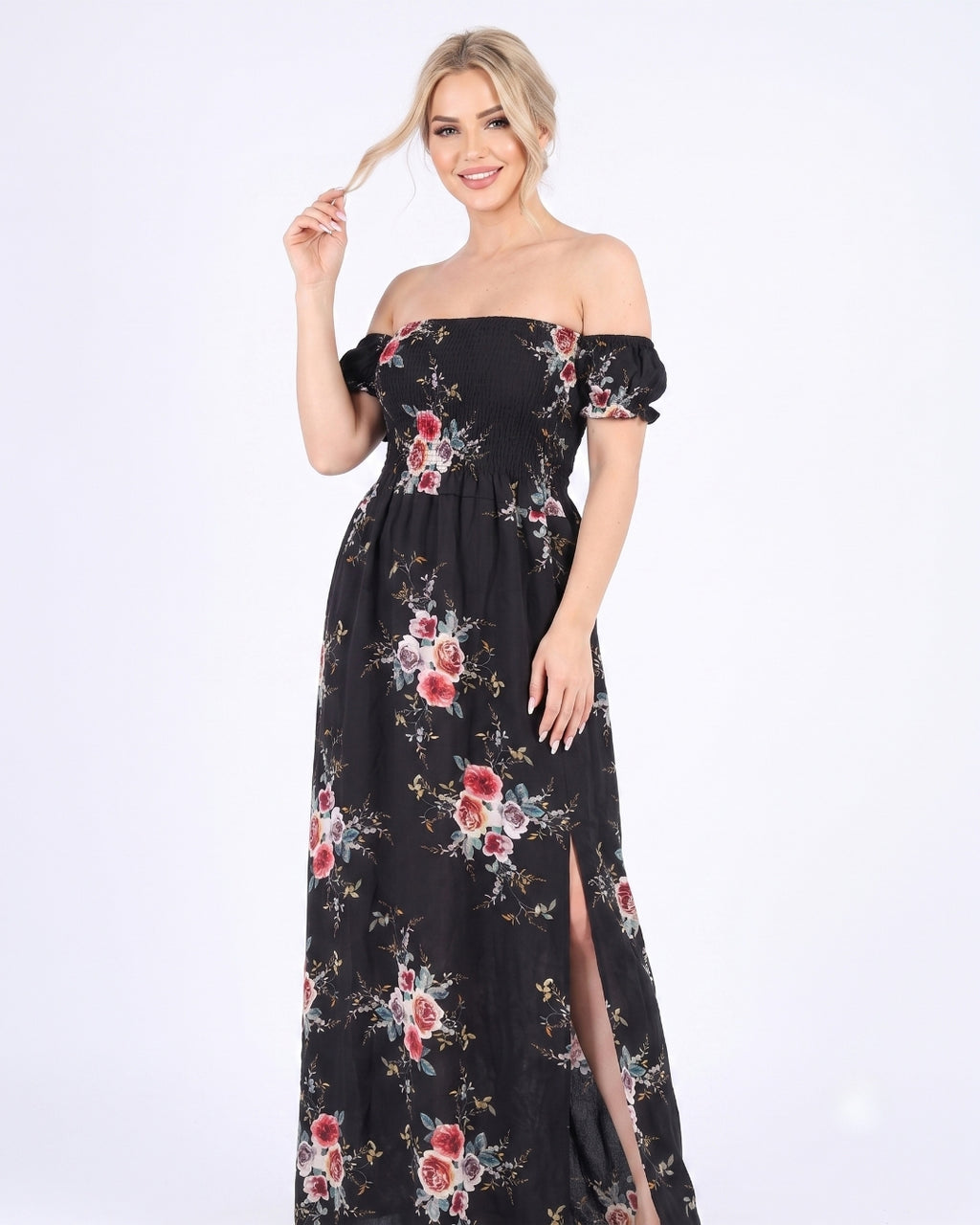 Off-Shoulder Maxi Dress, Deep Black Floral, 050