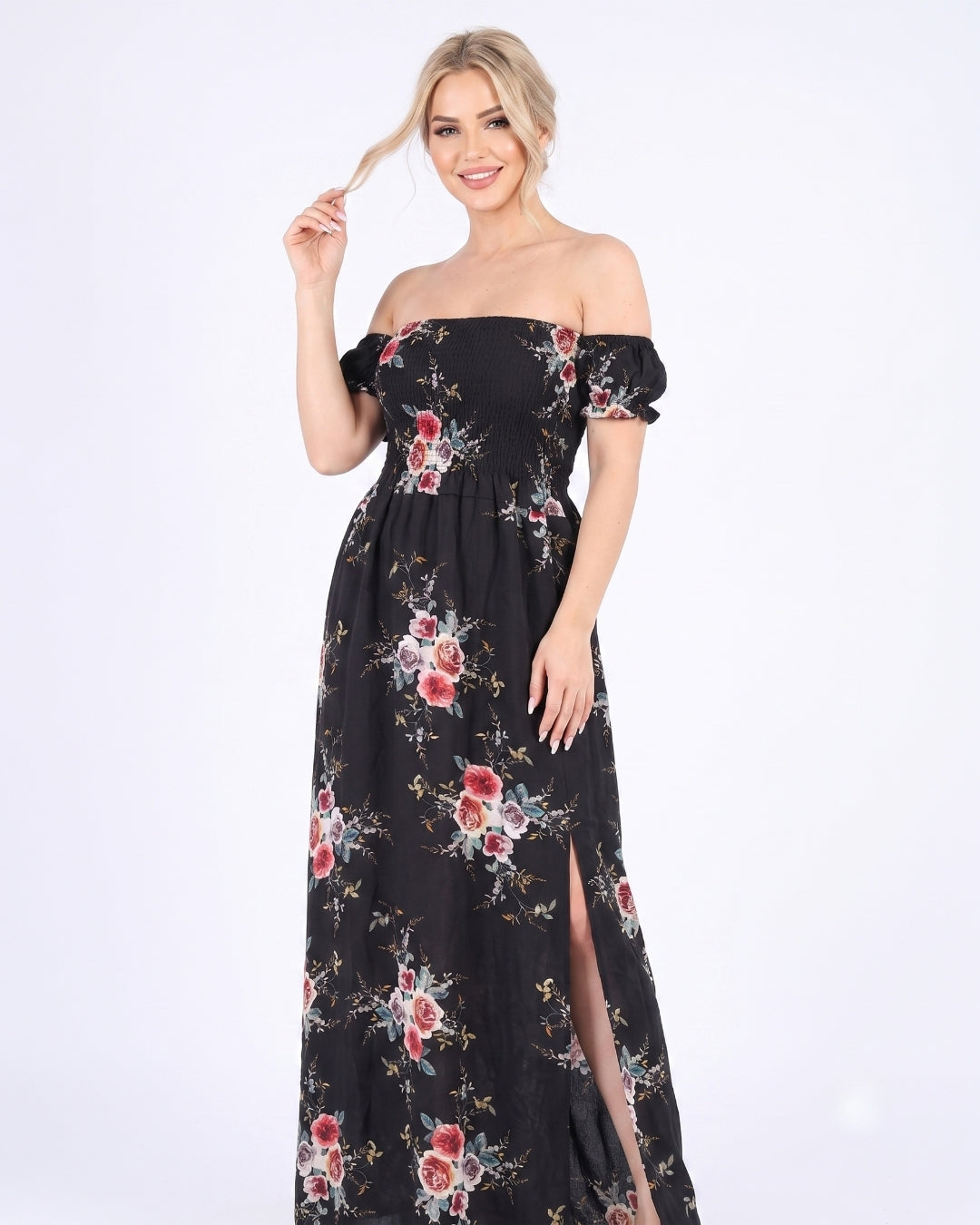 Off-Shoulder Maxi Dress, Deep Black Floral, 050
