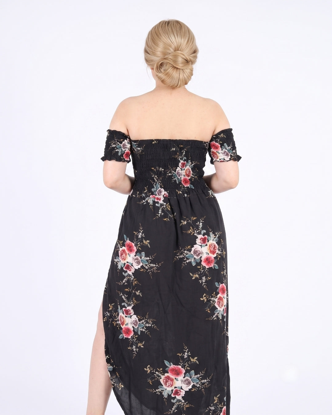 Off-Shoulder Maxi Dress, Deep Black Floral, 050