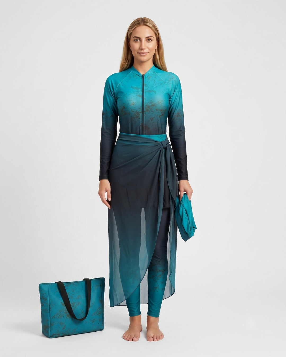 Modest Burqini Set with Matching Bag, Teal Ombre Marble, B005-GNZA