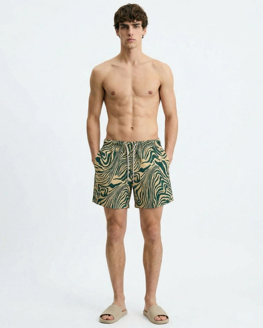 Mens Swim Trunks, Olive & Tan Abstract, 30282