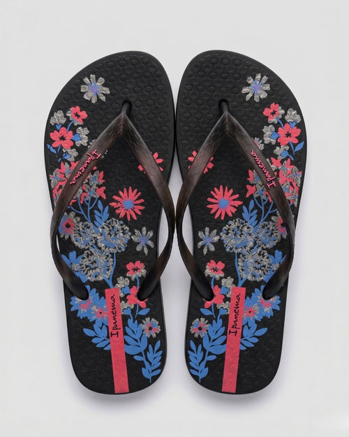 Floral Flip-Flops, Black & Multi-S26-26571