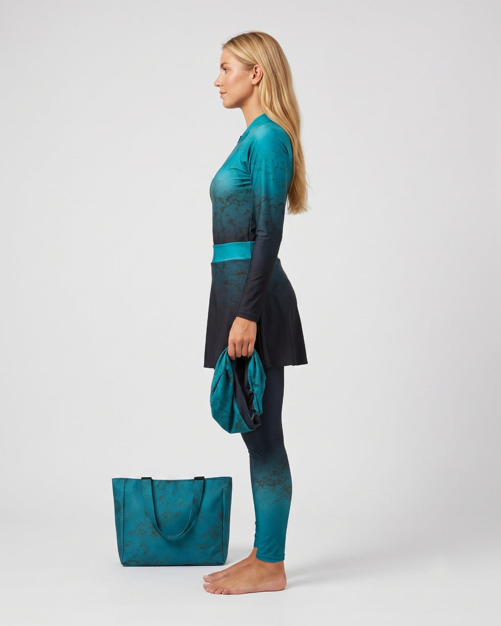 Modest Burqini Set with Matching Bag, Teal Ombre Marble, B005-GNZA
