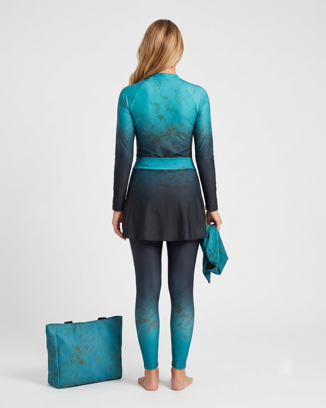 Modest Burqini Set with Matching Bag, Teal Ombre Marble, B005-GNZA