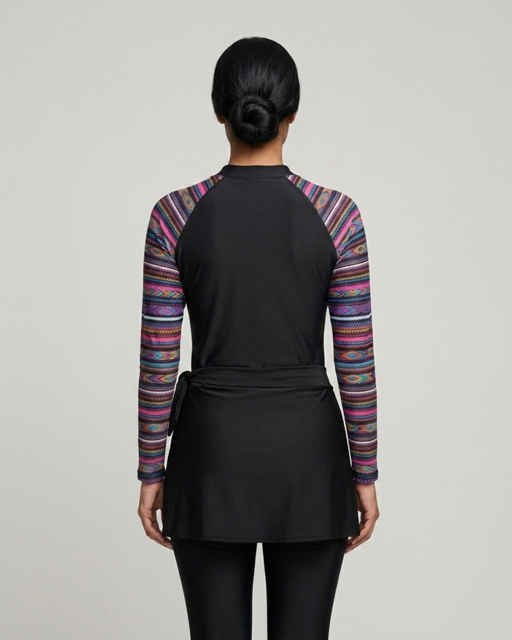 Wrap Skirt Swim Set, Black & Geometric Pattern-319