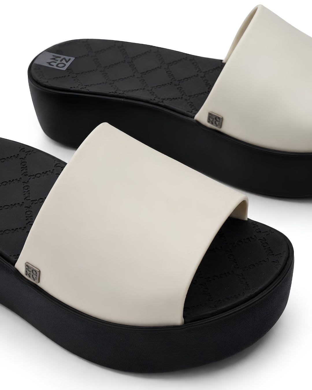 Platform Slides, Soft Beige & Black, 17954