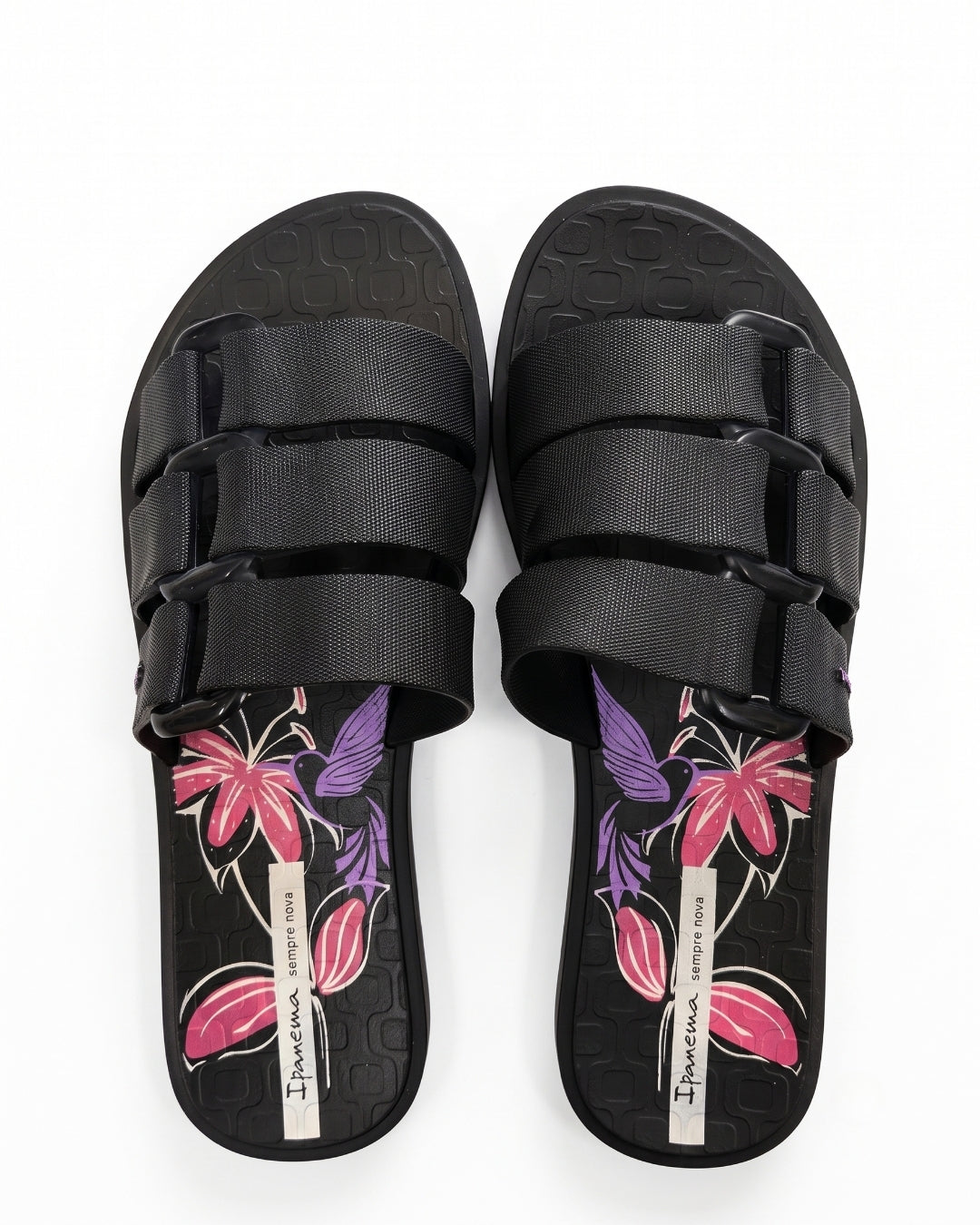 Premium Strap Slides, Black & Floral, 26521