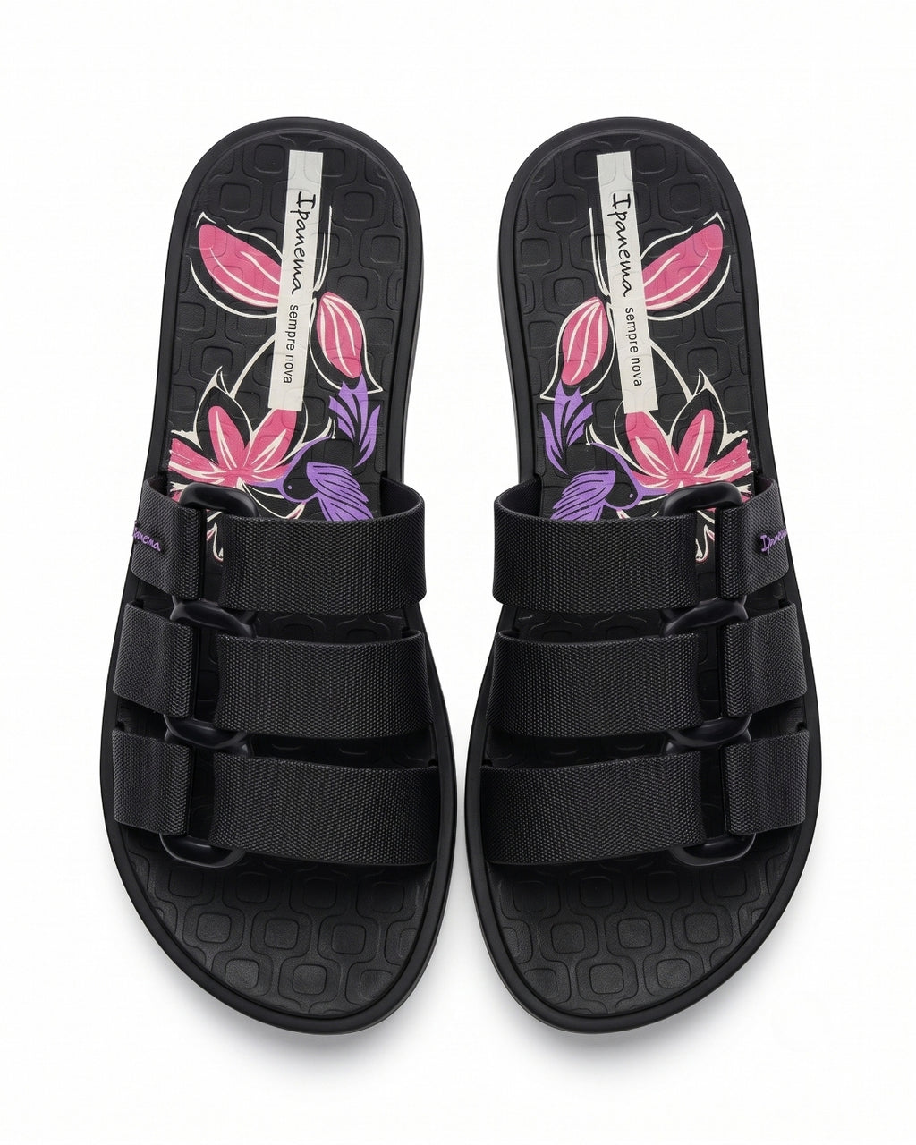 Premium Strap Slides, Black & Floral, 26521