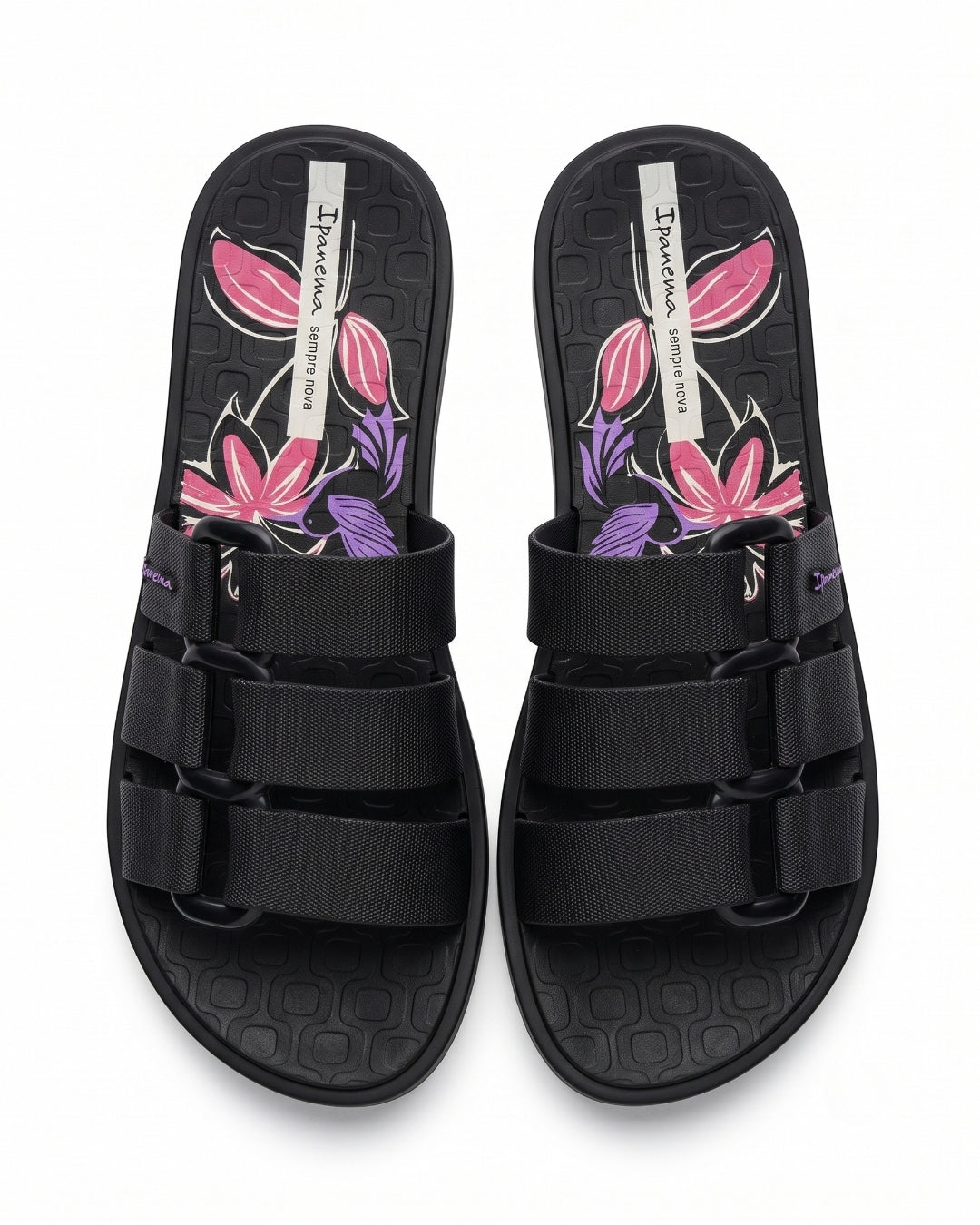 Premium Strap Slides, Black & Floral, 26521