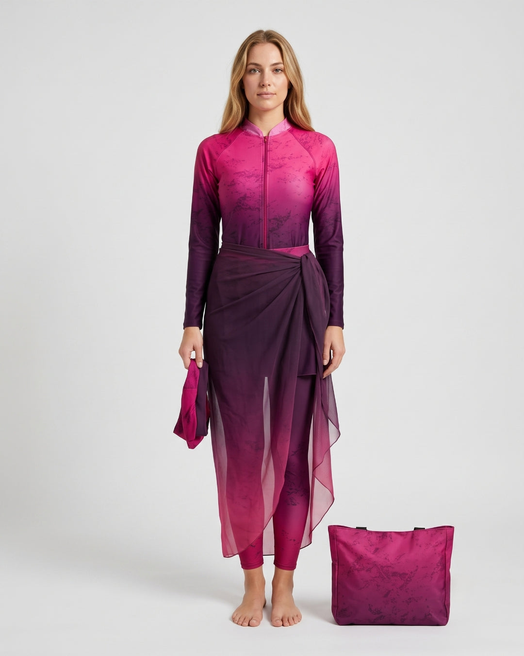 Modest Burqini Set with Matching Bag, Soft Fuchsia Gradient, B005-FUSHIA
