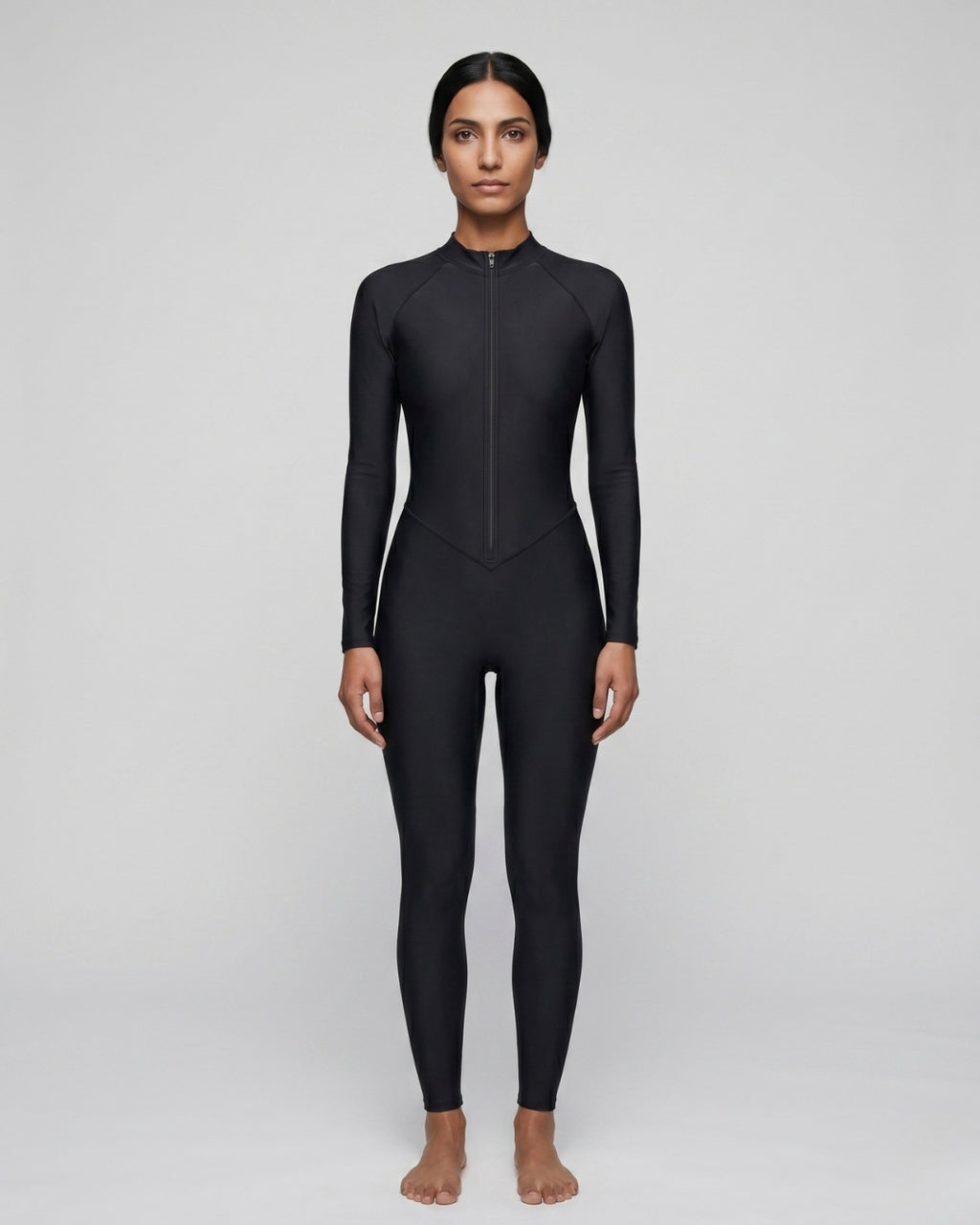 V-Seam Zip-Front Swimsuit, Deep Black-S24-4200