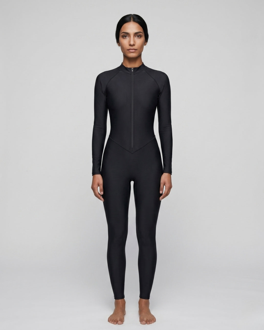 V-Seam Zip-Front Swimsuit, Deep Black-S24-4200