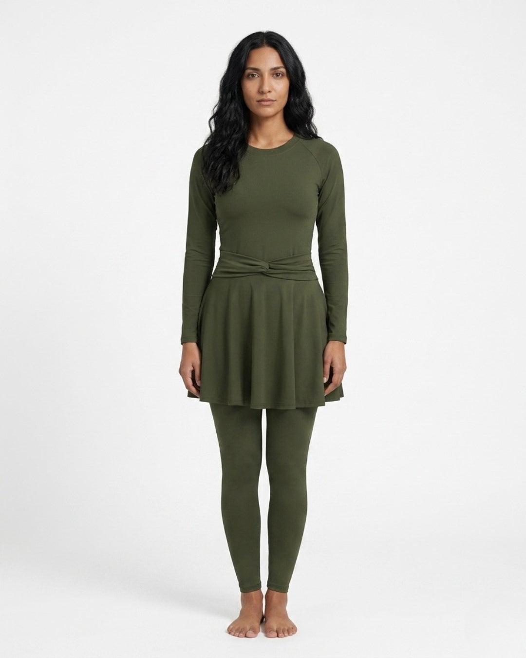 Knot-Waist Skirt Swim Set, Premium Olive-408 Olive