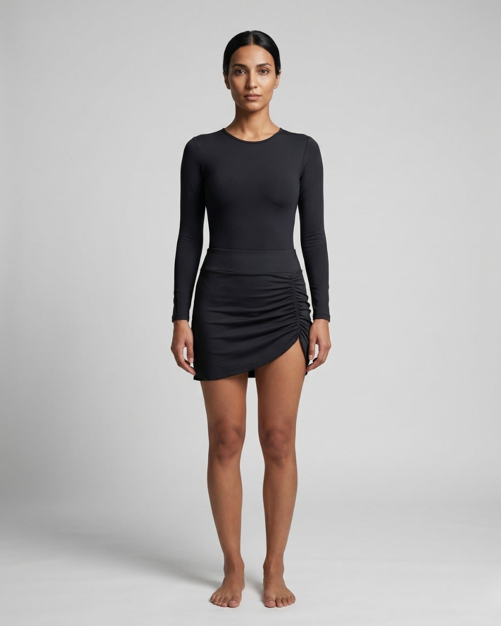 Long-Sleeve Ruched Set, Solid Black-S25-279\1