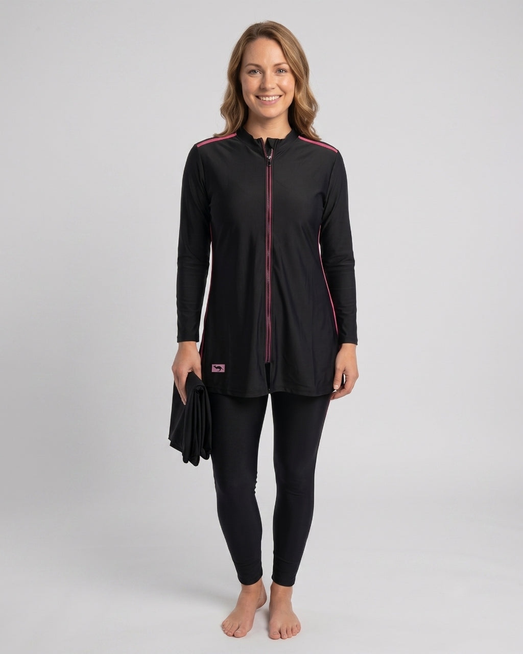 Zip-Front Tunic Swim Set, Black & Pink, 013A