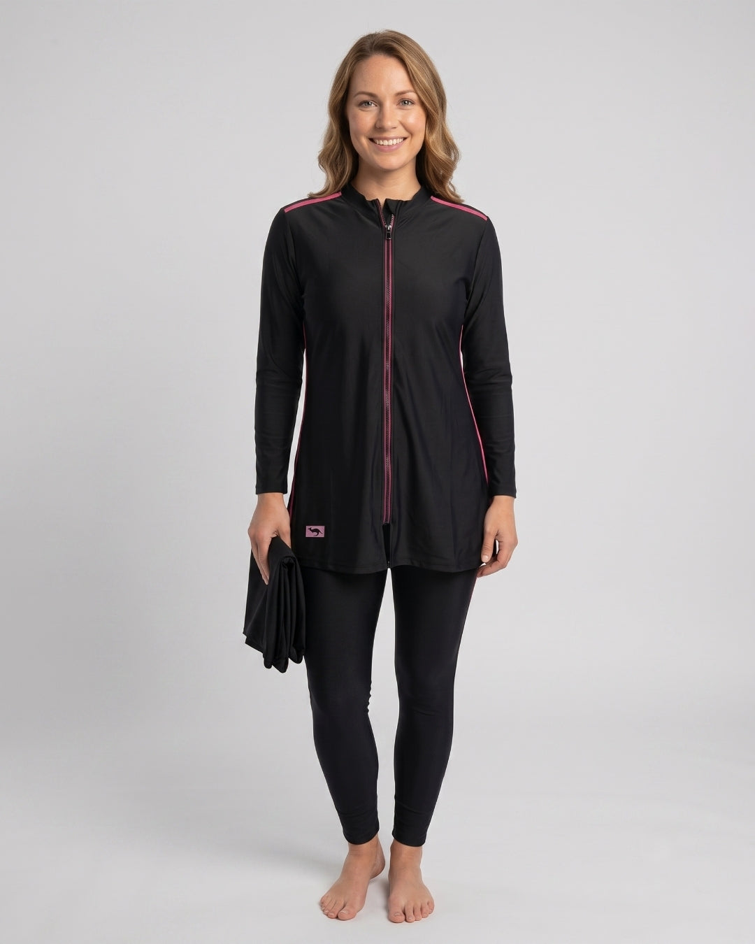 Zip-Front Tunic Swim Set, Black & Pink, 013A