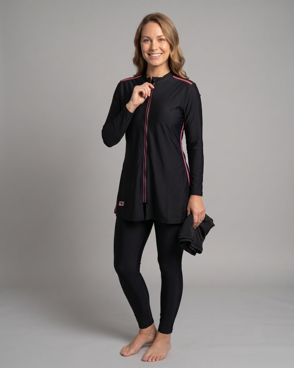 Zip-Front Tunic Swim Set, Black & Pink, 013A