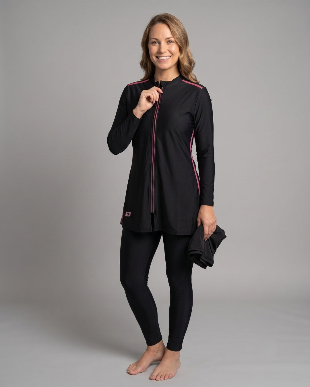 Zip-Front Tunic Swim Set, Black & Pink, 013A