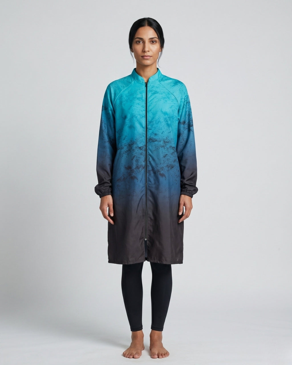 Long Zip-Front Tunic Set, Teal & Slate Ombre, [Code]