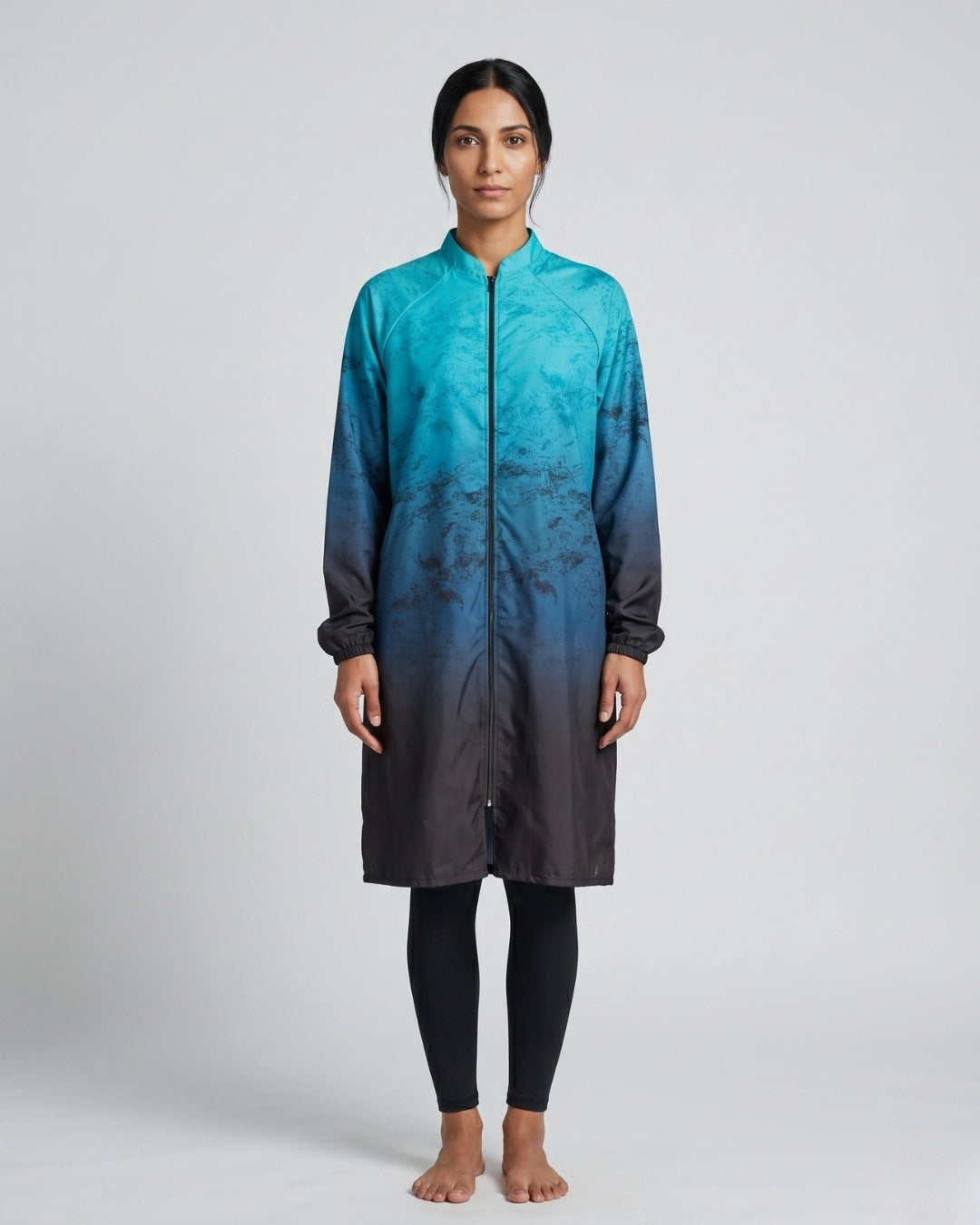 Long Zip-Front Tunic Set, Teal & Slate Ombre, [Code]