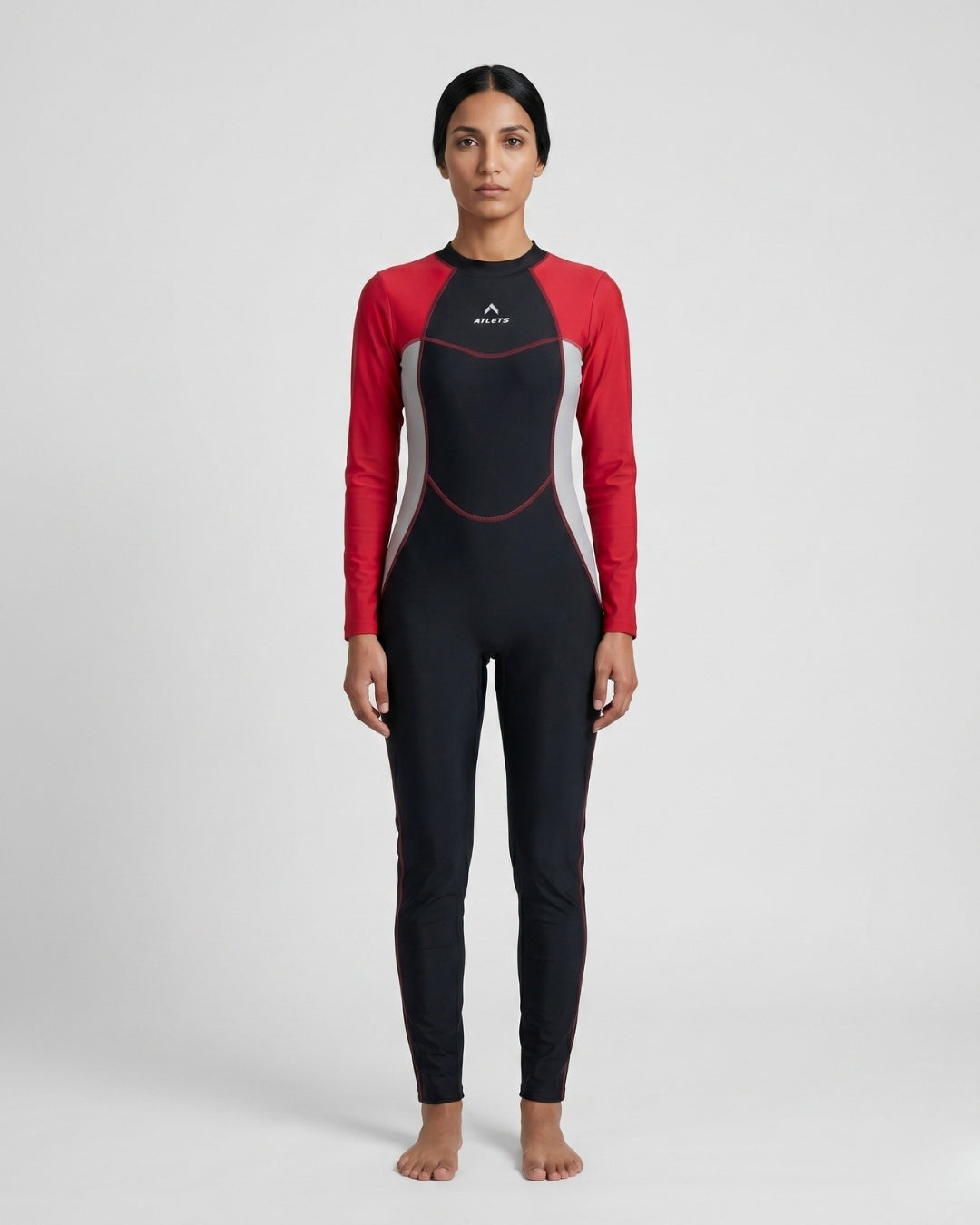 Long-Sleeve Swimsuit, Black & Soft Red-2 colour AX