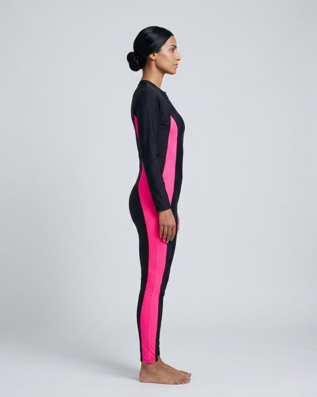 Zip-Front Swimsuit, Black & Soft Pink-S22-P1-1