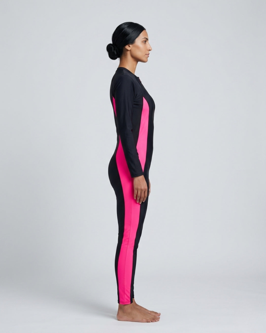 Zip-Front Swimsuit, Black & Soft Pink-S22-P1-1