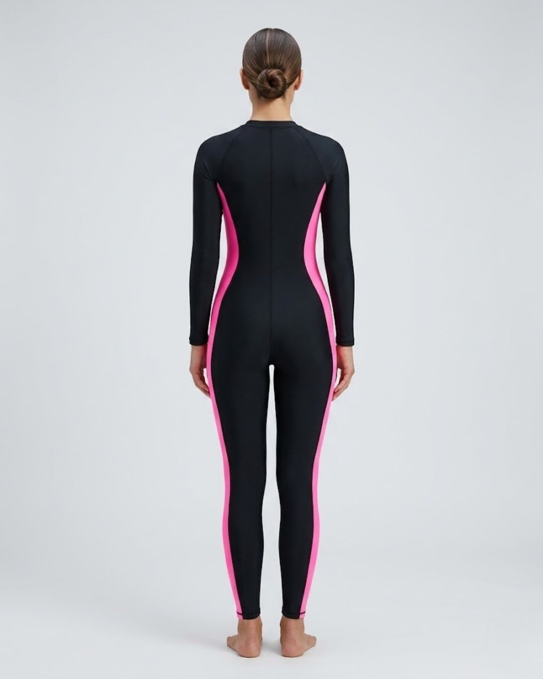 Zip-Front Swimsuit, Black & Soft Pink-S22-P1-1