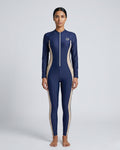 Zip-Front Swimsuit, Navy & Beige-S22-P1-1